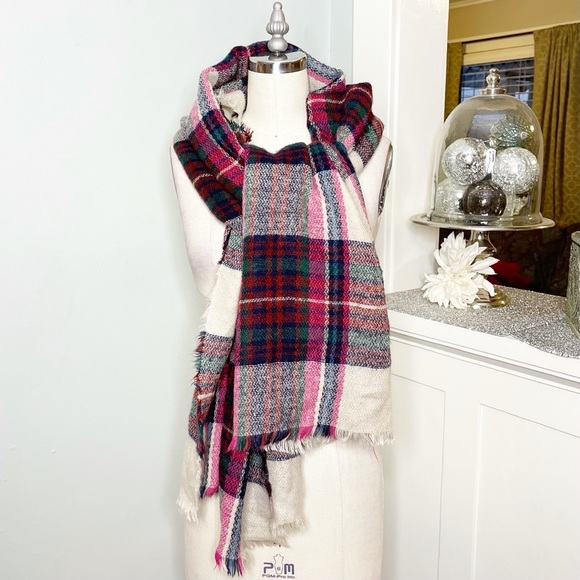 Pink Wool Plaid Tartan Blanket Scarf New Beige Red - Picture 4 of 9